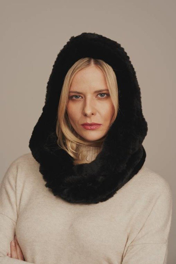 Black rabbit fur hooded winter scarf