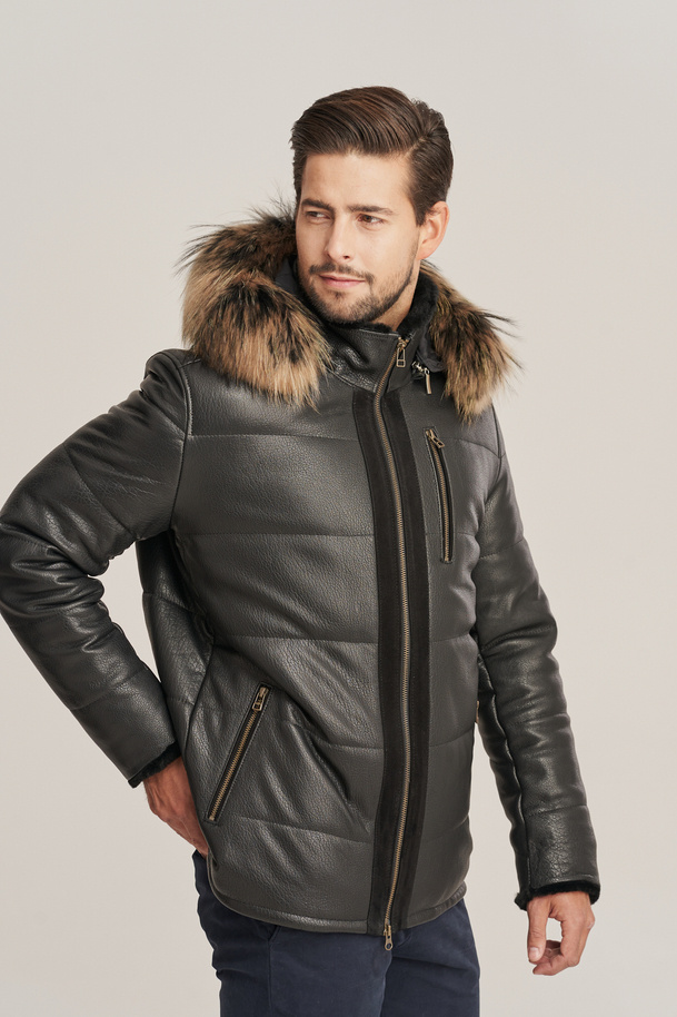 Men's winter black leather jacket with a hood
