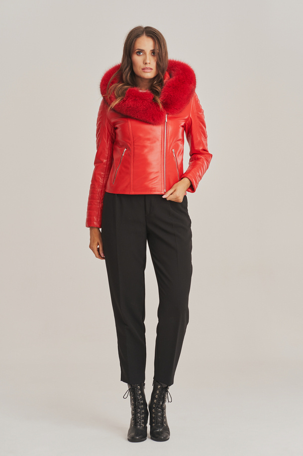 Női piros bőrdzseki kapucnival - 100% báránybőr - Modell: Monica